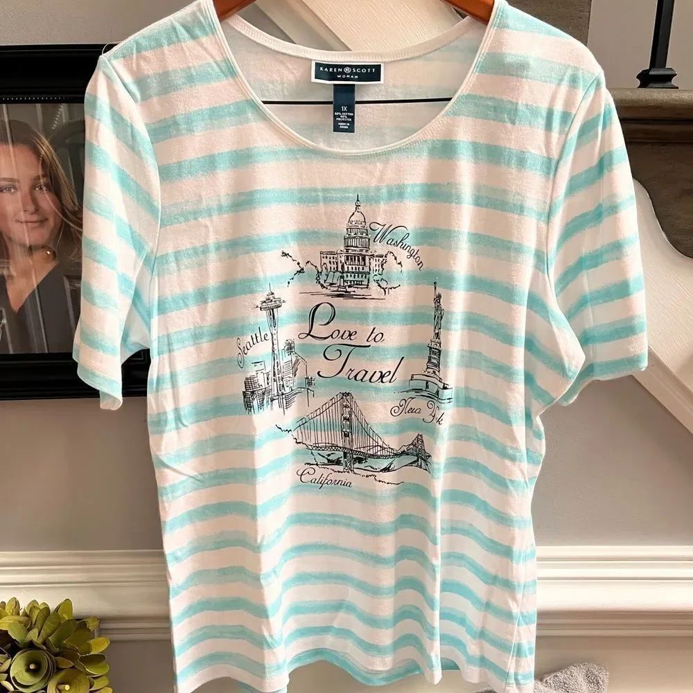 Karen Scott Turquoise Stripe Travel Theme T-Shirt sz 1X NWOT